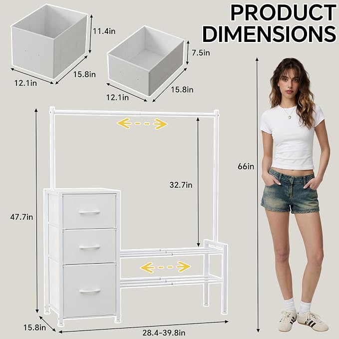 Tall Closet Organizer Dresser 47.2" H x 39.7" W，with Extendable Clothes Hanging Rack & Shoe Rack，3 Fabric Drawers Chest of Drawers,Bedroom, Living Room，Sturdy Frame Easy to Install