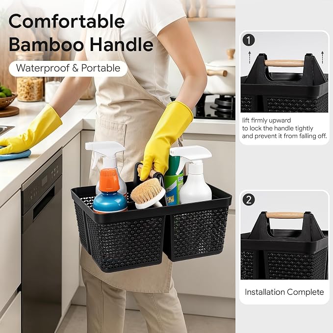 UUJOLY Portable Plastic Shower Caddy Basket with Wooden Handle, Black | Divided Storage Organizer Tote for Bathroom, Dorm, College, Kitchen & RV – Lightweight, Easy-Carry Essentials Caddy