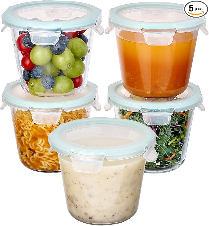 Vtopmart 5 Pack 3 Cup Glass Soup Container Set with Airtight Lids | Meal Prep Freezer Containers, Glass Food Storage Jar for Salad, Fruit, Lunch, Leftover, BPA-Free, Microwave, Dishwasher Safe
