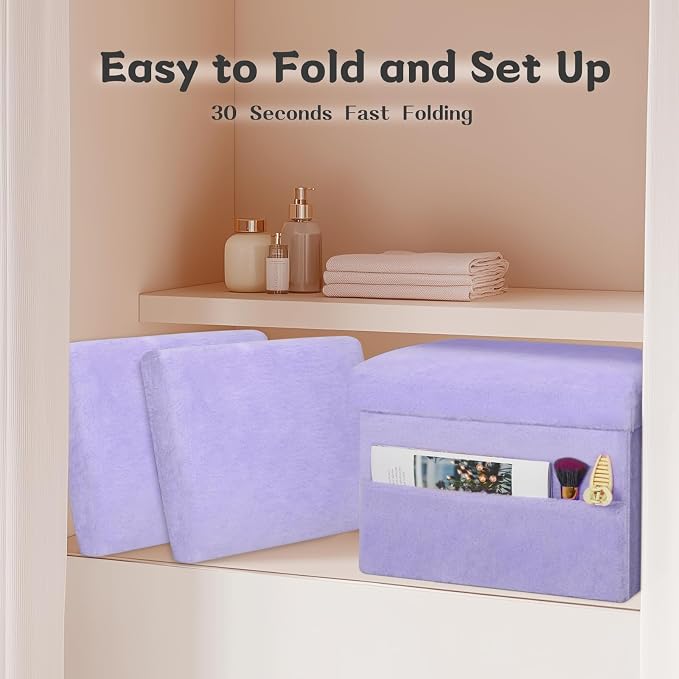 Small Ottoman with Storage, Folding Soft Fur Storage Foot Rest Stool with Thicker Furry Padded Seat. Ottoman Bench for Bedroom Living Room, Holds Up to 300 lbs, 17x13x13IN (Purple)