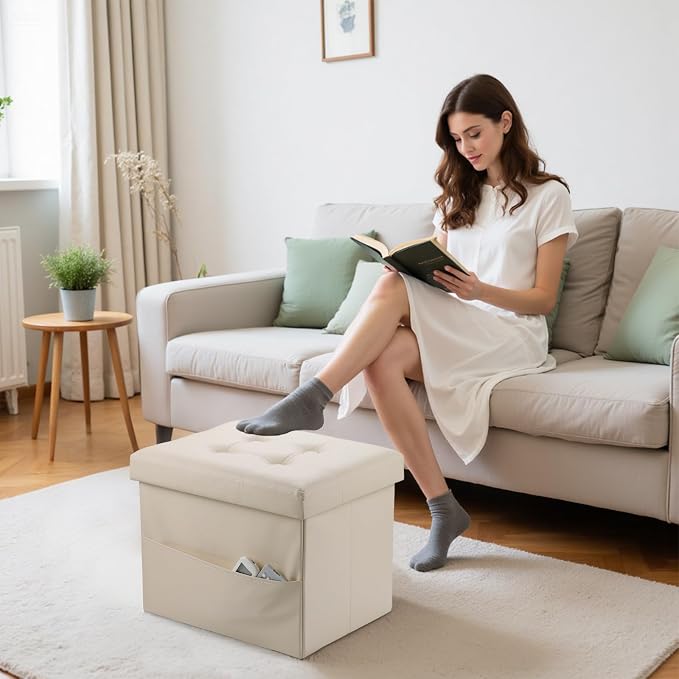 Bsketa Storage Ottoman Bench,16 Inch Folding Leather Foot Rest Stool, Beige | Small Ottoman with Side Pockets, Thicker Foam Padded Seat, Livingroom, Dorm, Bedroom, Easy to install, 38L, 16x12x12in