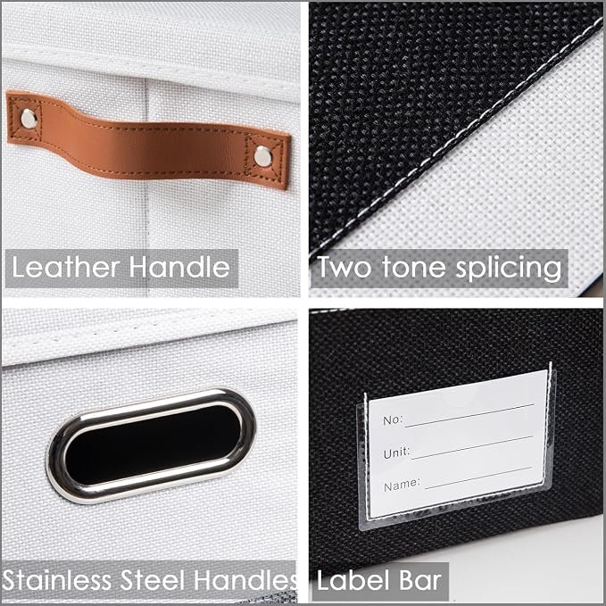 PRANDOM Storage Bins with Lids [3-Pack] Linen Fabric Foldable Storage Boxes Organizer Containers Baskets Cube with Cover for Bedroom Closet Office Black & White（11.4X8.6X6.7