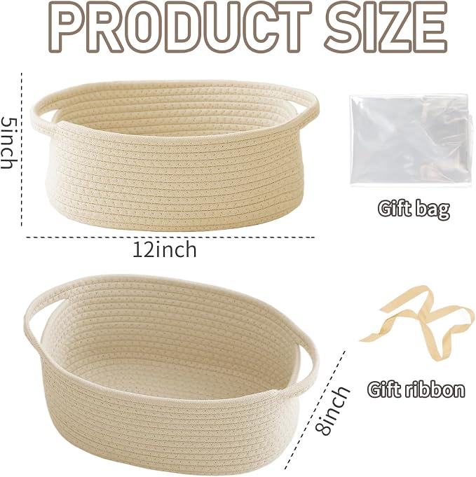 JMvicyroam Small Woven Basket, Empty Gift Basket, Beige/2 Pack | Small Gift Basket, Cotton Rope, 12 x 8 x 10 in, Handles, Includes Ribbon and Bag, Birthday Gift Basket