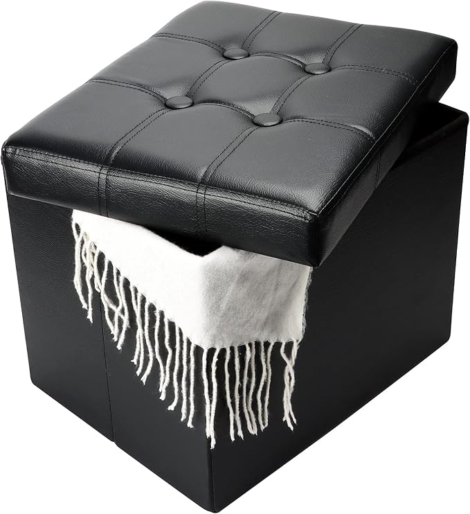 Bsketa Storage Ottoman, Folding Foot Stool with Thicker Foam Padded Seat Small Leather Storage Ottoman Bench Foot Rest for Living Room Foldable Coffee Table 17x13x13in,Black