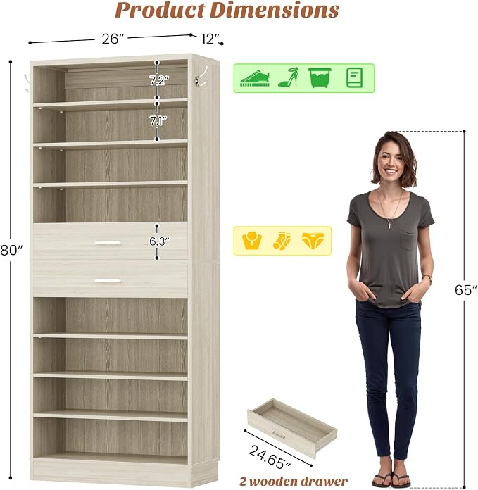 Aheaplus Tall Shoe Cabinet, 10 Tiers Wood Shoe Rack, Vertical Shoe Storage Organizer with 2 Drawers, Narrow Shoe Shelf Tower for 24-28 Pairs, Space Saving, for Closet, Entryway, Bedroom, White Oak