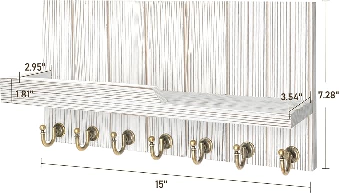 Rebee Vision Key Holder Wall Mount with 7 Hooks for Entryway, Whitewash | Key Holder for Wall, Floating Shelf, Display Plant, Mail Organizer, Elegant Decorative Storage, Rustic Apartment Essential