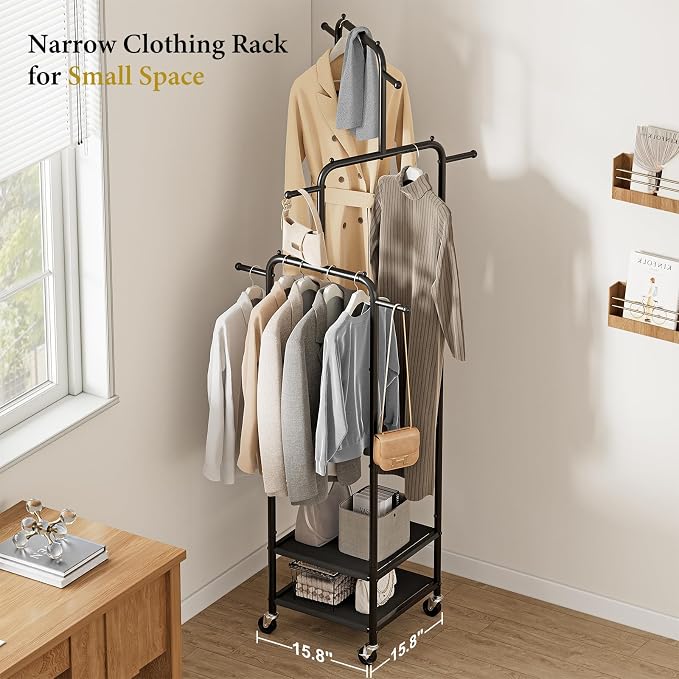 Chrislley Small Clothing Rack With Wheels & 2 Shelves, Narrow Clothes Rack | 3-Section Different Heights Metal Rolling Garment Rack, 71" Tall Portable Coat Rack with 6 Hooks for Bedroom, Entryway, Black