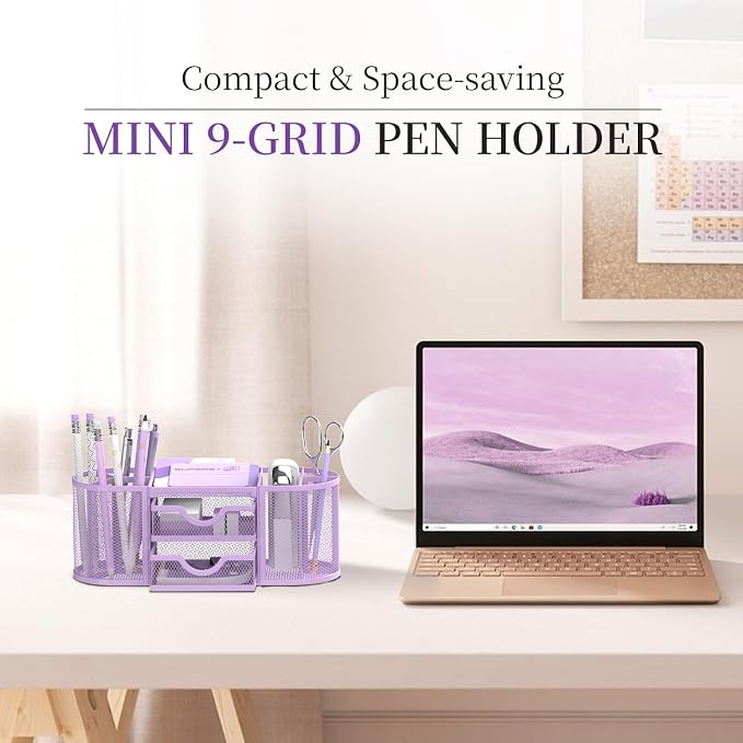 Mesh Desk Organizer, Desk Organizers and Accessories with Drawers, Pen Holder for Desk with 2 Drawers with 9 Compartments for Office Supplies, Purple