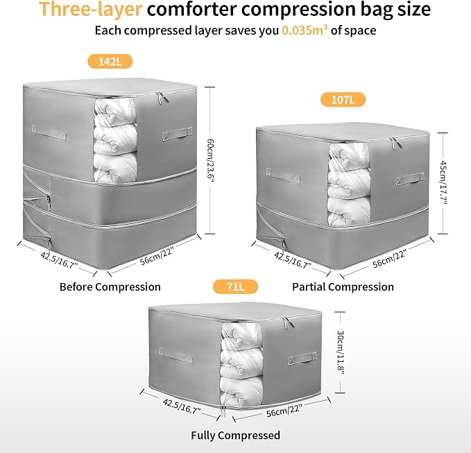 4 Pack Upgrade Comforter Storage Bag with Handle, Space Saving 3-Layer Adjustable In 3 Sizes (142L, 107L, 71L), Compression Blanket Storage Bags, Washable Bedding Organizer For Pillow Duvet Clothing