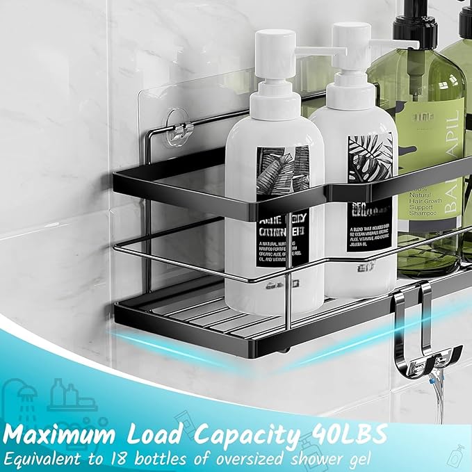 Moforoco Shower Caddy Shelf Organizer Rack, Self Adhesive Black Bathroom Shelves Basket, Home Farmhouse Wall Inside Organization and Storage Decor Rv Accessories, First Camper Apartment Essentials