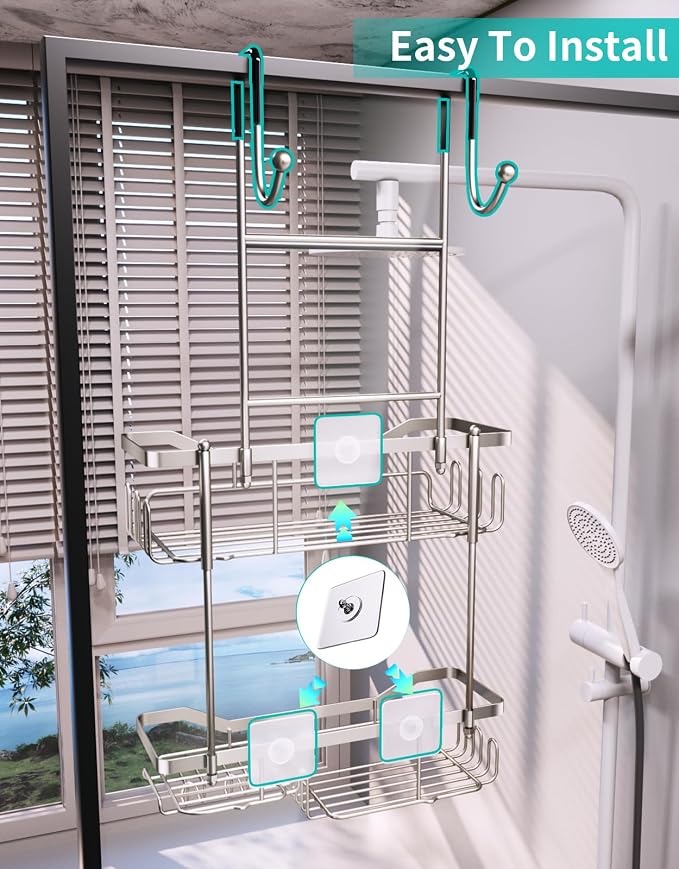HapiRm Hanging Shower Caddy Over the Door with Soap Holder, No Drilling Adhesive Shower Organizer with 11 Hooks, Rustproof & Waterproof 304 Stainless Steel Bathroom Shelves - Brushed Nickel