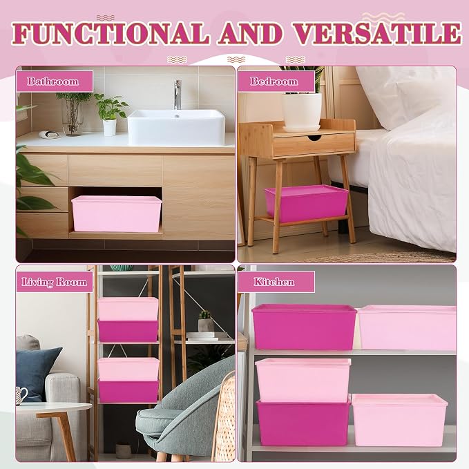 6 Pcs Large Plastic Storage Bins with Lids 14.4 x 10.4 x 5.1 Inch Stackable Storage Containers Decorative Cubby Organizer for Clothes Shelves Garage Closet Office (Pink Series)