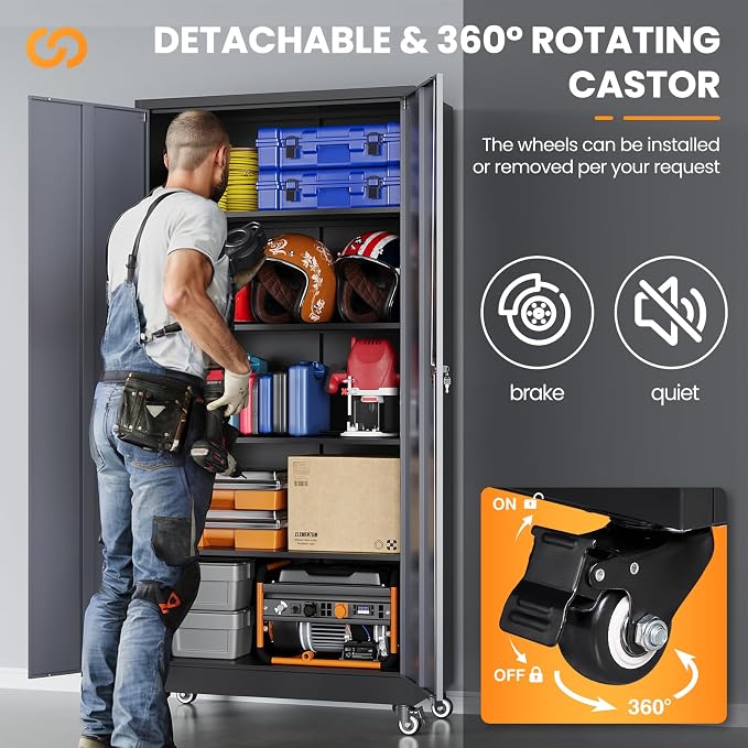 Metal Garage Cabinets with Wheels 15.8" D x 31.5" W x 75" H-Black | Heavy Duty, Locable
