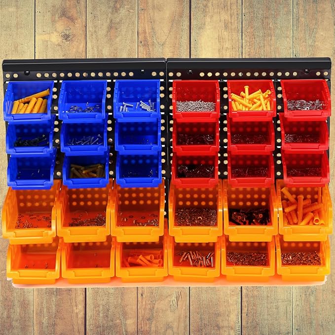 30-Bin Wall Mounted Storage Bins Kit, Tool Organizer Rack, Garage Hardware Organizer, Parts Storage Bins, DIY Combination(Red & Blue & Orange Type)