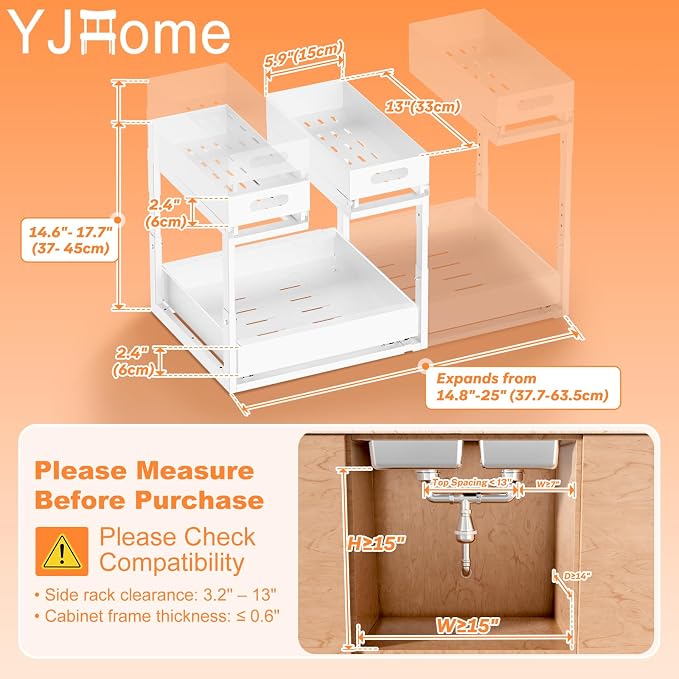 Upgrade 1 Pack Expandable Under Sink Organizer: 2-Tier Pull Out Cabinet with 3 Heavy-Duty Ball-Bearing Slide Rails, Tool-Free Height Adjustable, Slide-Out Drawers for Kitchen, Bathroom, Laundry