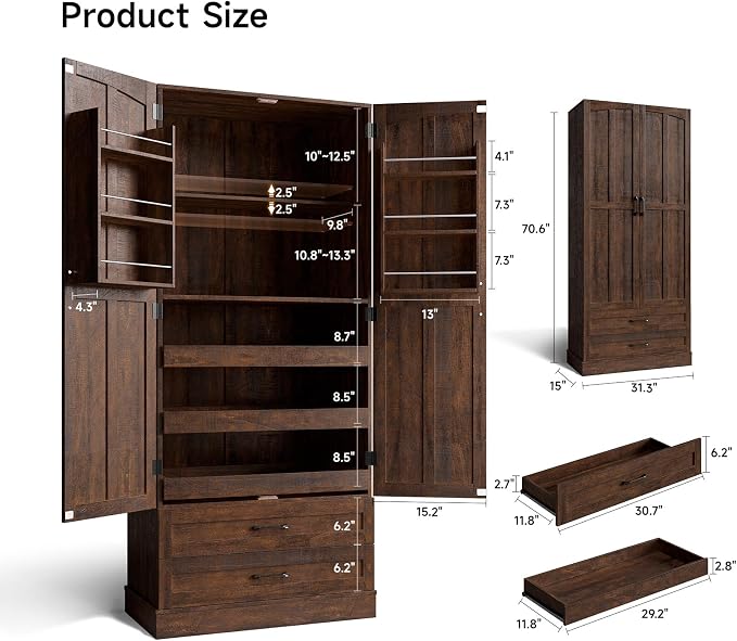 71" Tall Farmhouse Kitchen Pantry Cabinet with 3 Pull Out Shelves & 2 Large Drawers, Pantry Storage Cabinet with 6 Door Shelf & Adjustable Shelf, Freestanding Cupboard for Kitchen, Dining Room