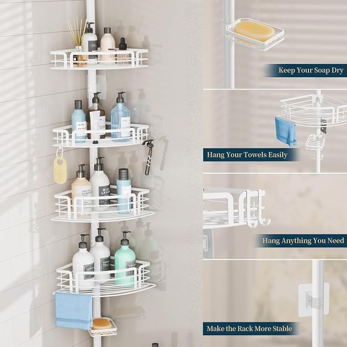 Consumest Shower Caddy Tension Pole - Adjustable Corner Shower Organizer with Soap Holder, Bath Shelves for Bathroom Storage, 27.6-108.3 inch, White