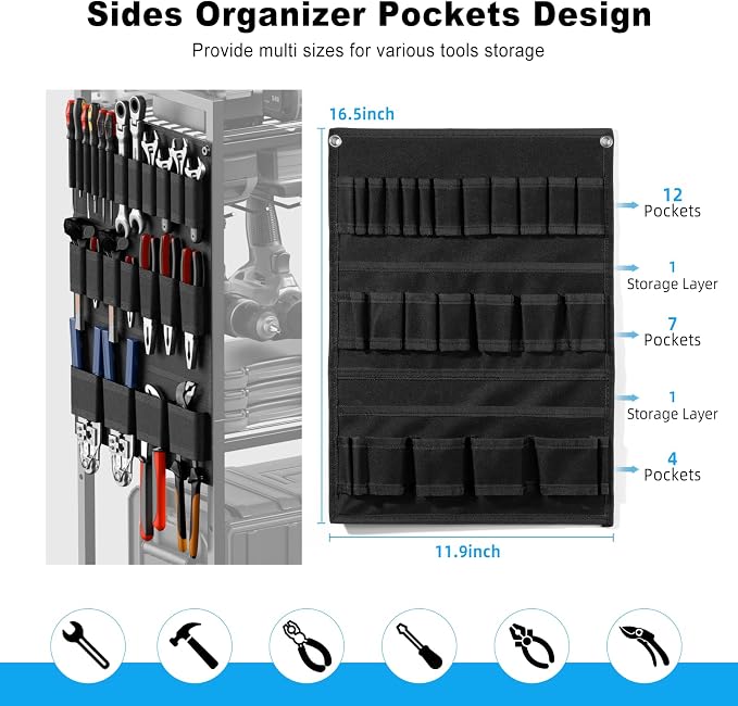 JUNNUJ Power Tool Organizer Cart with Charging Station, 6 FT Cord, Black | Floor Standing, Large Garage Rolling Storage Cart on Wheels, Heavy Duty Drill Battery Storage Rack, with 8 Outlet Power Strip