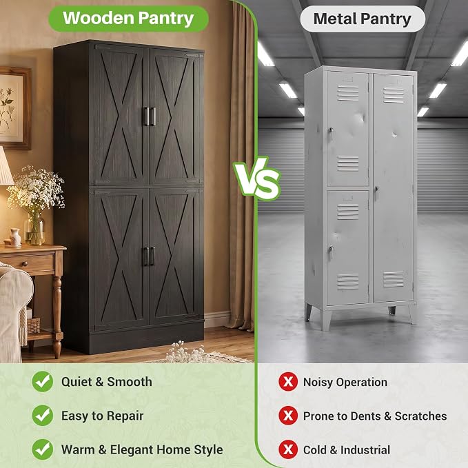Unikito 71" Tall Kitchen Pantry Storage Cabinet with Built-in Drawer | 31.5" Wide Wood Farmhouse Storage Cabinet with Barn Doors and 3 Shelves, for Home Kitchen,Dining/Living/Laundry/Room