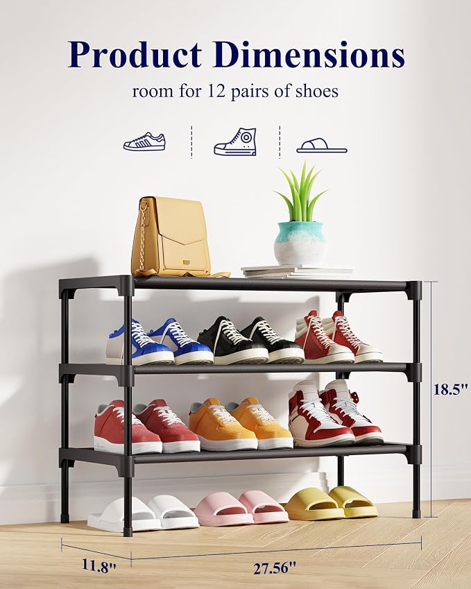 Kitsure Shoe Rack - Non-Woven Shoe Rack Shelf, 27.5" Wide - 3 Tier, Black | Shoe Organizer for Closet, Entryway, Garage, Stackable Shoe Shelves, college dorm&apartment essentials