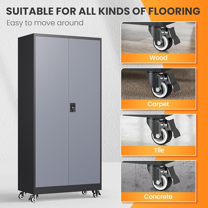 Metal Garage Cabinets with Wheels 15.8" D x 31.5" W x 75" H-Black | Heavy Duty, Locable