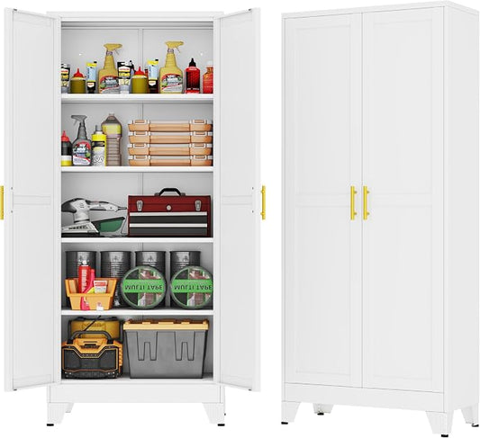 GAIOUS 71''Tall Metal Garage Storage Cabinet,File Cabinet with Door and Adjustable Shelves, Outdoor Steel Tool Cabinet for Home,Office,Warehouse,Garage,White