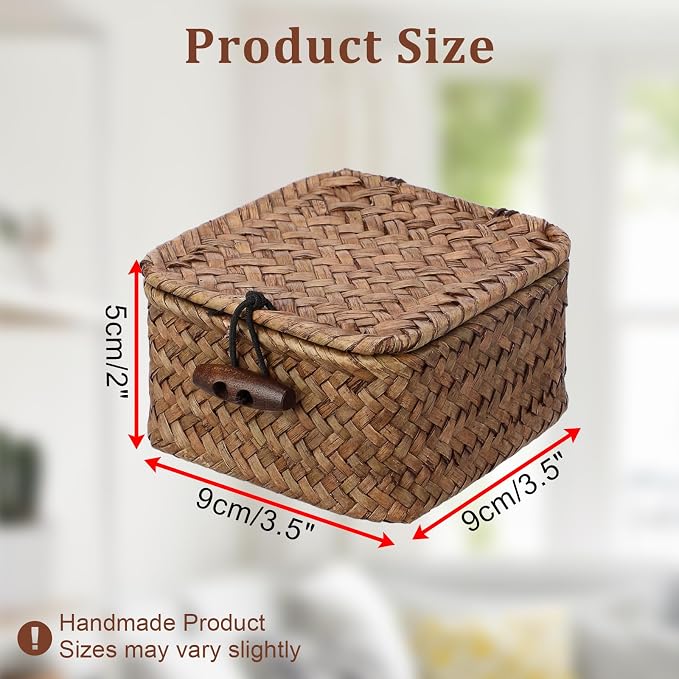 Small Wicker Basket with Lid, Square Seagrass Organizer | Handwoven Compact Storage Box for Key, Jewelry, Decorative Box for Shelf, Home Decor, 3.5"L x 3.5"W x 2"H