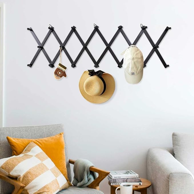 SCUNDA Wall Rack with 20 Hooks, Wooden Wall Expandable Coat Rack for Coat, Hats, Baseball Caps, Coffee Mug, Jewelry(Black)