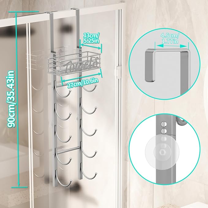 HapiRm Towel Racks for Bathroom Storage - 6 Tier Over The Door & Wall Mount Rolled Towel Storage Organizer Holder with Metal Shelf Basket for Small Bathroom, Camper, Rv - Sliver, Patented