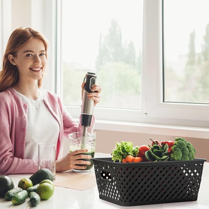 MaxGear 3 Pack Plastic Storage Baskets, Large, Black | Durable Woven Plastic with Built-In Handles, Suitable for Shelves, Closets, Cabinets, Bathrooms and Offices