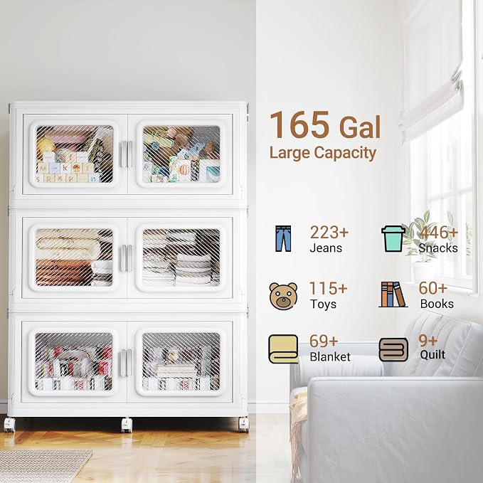 BROVIEW 660 Qt/165 Gal Stackable Storage Bins with Lids, 3 Pack, White | Large Stackable Storage Boxes w/ 3 Lid Folding Plastic Cart Organizer for Home Kitchen, Open Front Clear Door with Wheels