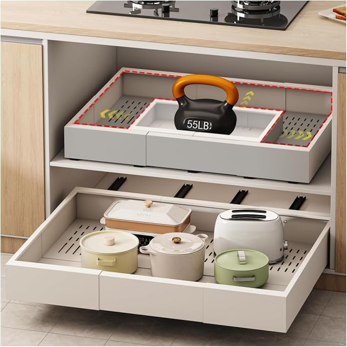 Pull out Cabinet Organizer,Width (23"-31") and Depth (17"-24") Expandable With 5 Rails,No Drill Adjustable Slide out Drawers for Kitchen,Pantry,Adhesive Roll out Shelves,for Cabinets Without Lip,White
