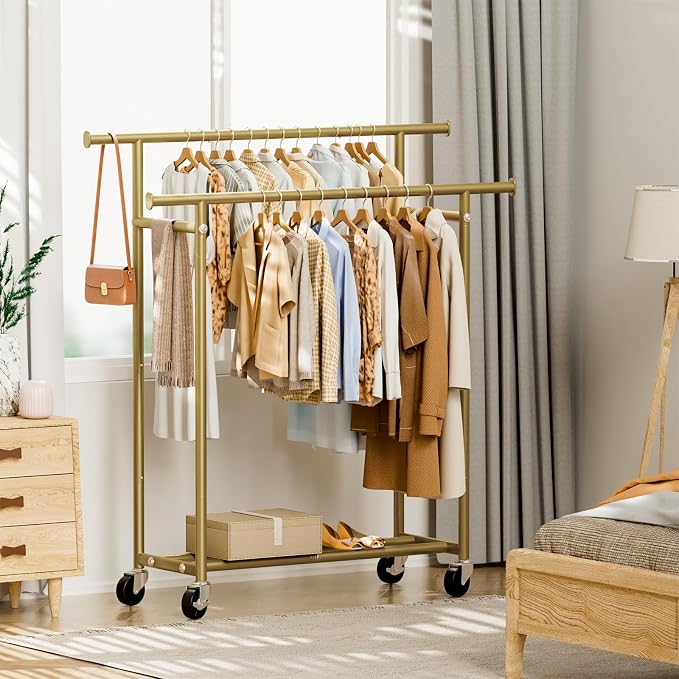 HYSEYY Clothes Rack, Double Rods Rolling Clothing Rack for Hanging Clothes, Portable Garment Rack with Wheels, Coat Rack Wardrobe Closet Load 240 LBS for Bedroom Laundry Room (Glod, L)