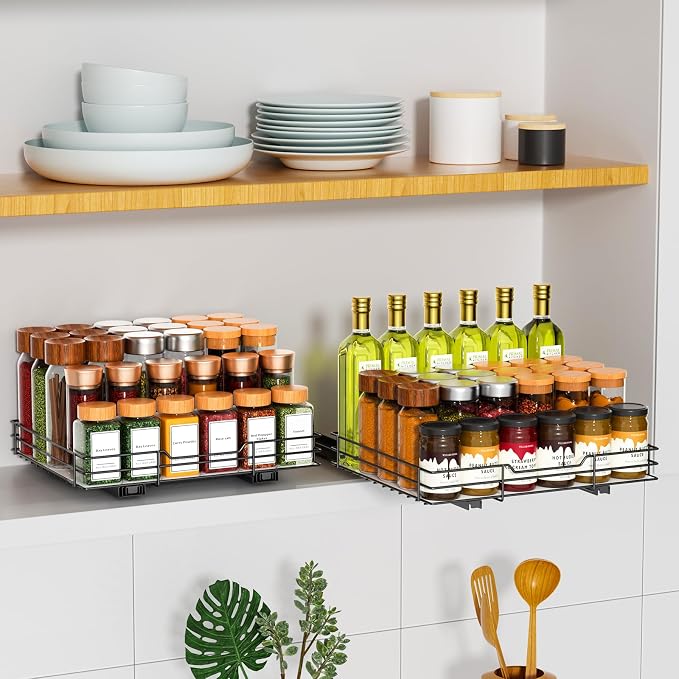 RCHYFEED Pull Out Spice Rack Organizer, 12.5" Wx10.5 Dx2.5 H | Slide Out Spice Rack for Inside Cabinets, Heavy Duty, Fits Kitchen and Pantry, For Seasoning, Sauces, Canned