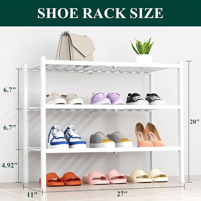 Smiry Bamboo Shoe Rack, 14 Vertical Slats, 3 Tier - 26.8" Wide, White | Stackable Free Standing Wooden Shoe Organizer, Wood Shoe Storage Shelf for Closet, Entryway, Thicher Leg