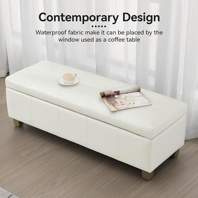 WUTUTUEE 51" Faux Leather Storage Ottoman, Stitch Tufted Rectangle Upholstered End of Bed Storage Bench, Entryway Large Couch Ottoman with Wooden Legs,White