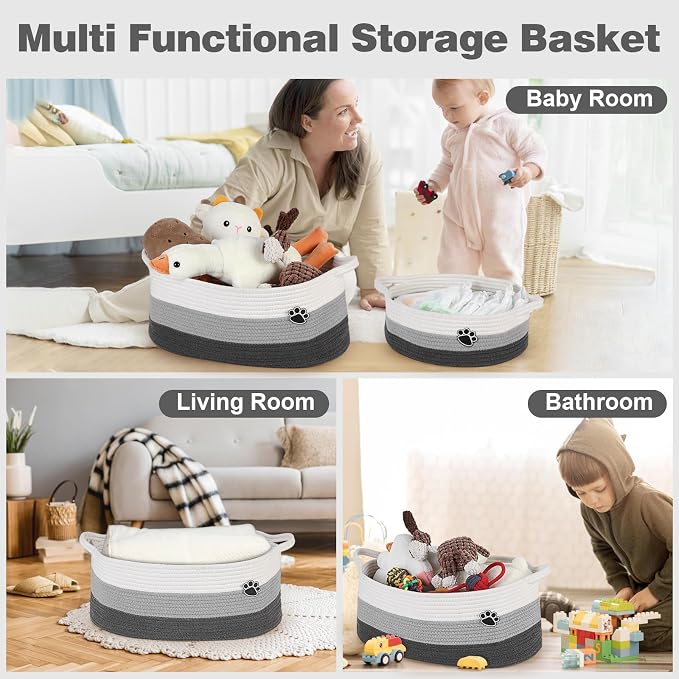 Optish Dog Toy Basket, 30L Toy Box and Bin for Dog Cat Storage, 19.7" X 11" X 7.9" Large Woven Rope Basket for Blankets, Living Room, Bedroom, White & Grey
