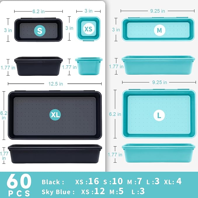 Tool Box Organizer Tray, 60 PCS & 5 Sizes, Black and Sky Blue | Sturdy ABS Plastic, Interlocking System, Craftsman Tool Desk Drawer Organizer for Storing Wrench Screwdrivers Hammer Nails