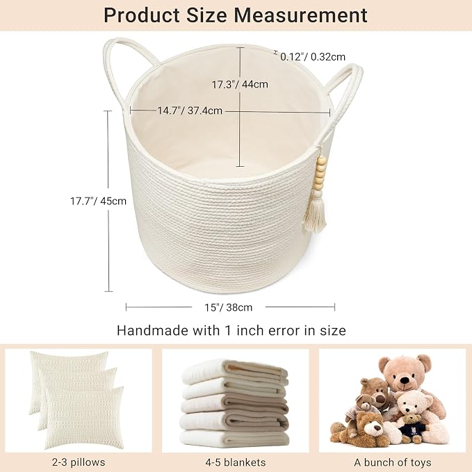 Mkono Tall Laundry Basket Woven Decorative Rope Storage Basket Wooden Bead Decoration for Blankets Toys Clothes Shoes Organizer Bin with Handles Living Room Home Decor, 15" W x 17.7" L, White | White, Cotton, Decorative Basket with Handle, Wood Beads T...