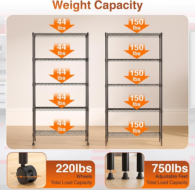 BestOffice | 5-Tier Wire Shelf with Wheels | 14" x 30" x 60" | Black | Storage Shelves with Adjustable Racks, Holds upto 220 lbs | Rust-Resistant, No-Tool Assembly | For Home, Garage