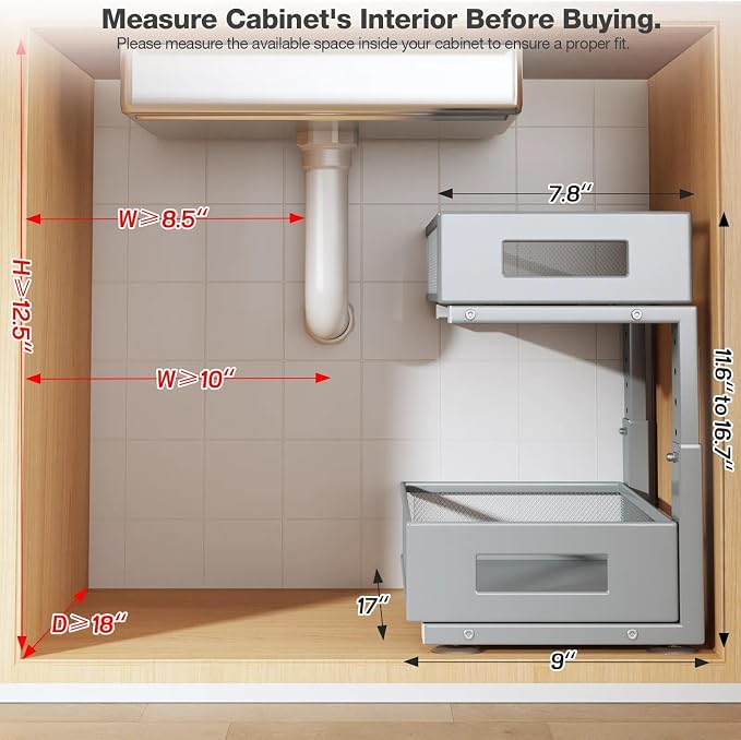 2 Packs 17IN Depth Under Sink Organizer, 2-Tier Pull Out Cabinet Organizer With Smooth Circular Rail, Large Capacity Metal Mesh Sliding Drawers For Bathroom& Kitchen Storage,Height Adjustable–Gun Gray