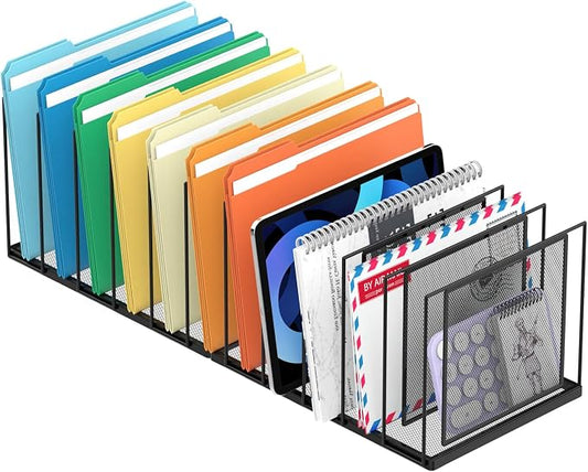 File Organizer For Desk, 11 Section Metal Desk File Sorter, Black | Desk file organizer, connectable 11 section design, 2.17 in spacing, vertical folder storage for home office and classroom