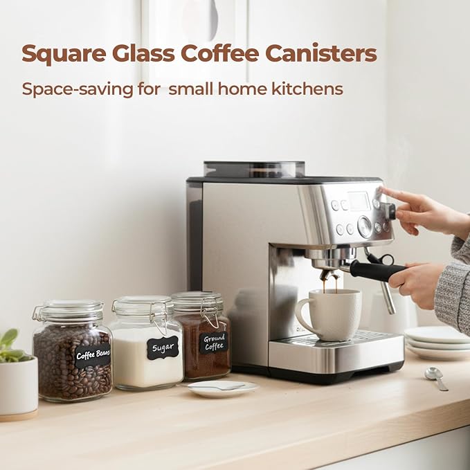 ComSaf Square Glass Pantry Jars with Airtight Lids 34 oz 3 Pack Coffee | Coffee beans, Tea sugar flour, Coffee station, Pantry organization, Small apartments, Countertop storage, Pickle