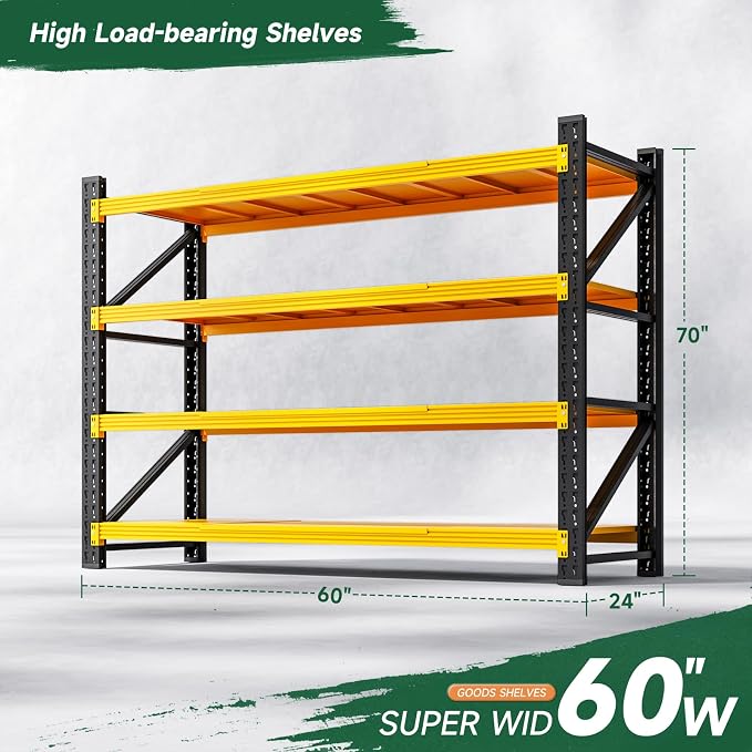 Letaya 4000LBS Heavy Duty Storage Shelves,70" H Metal Garage Shelving Units,4 Tier Large Tall Industrial Shelving,Adjustable Utility Rack Shelf for Warehouse,Basement (Yellow, 60" W x 24" D x 70" H)