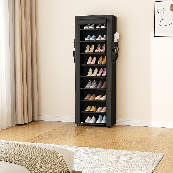 LANTEFUL Narrow Shoe Rack with Cover 10 Tier Tall Shoe Rack Organizer Large Capacity Shoe Shelf Storage 18-22 Pairs Space Saving Free Standing Shoe Storage Organizer for Closet, Entryway, Dorm, Black
