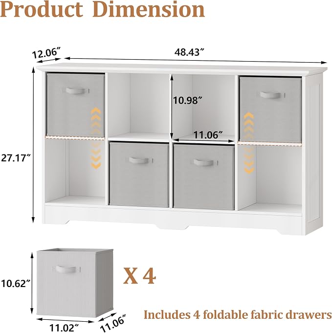 8 Cube Storage Organizer Shelf, Wood Cubby Storage with 4 Fabric Drawers | 2 Tier Wooden Bookshelf with 2 Adjustable Shelves, Fluted Side Panels Bookcase for Bedroom, Living Room, Home Office, White