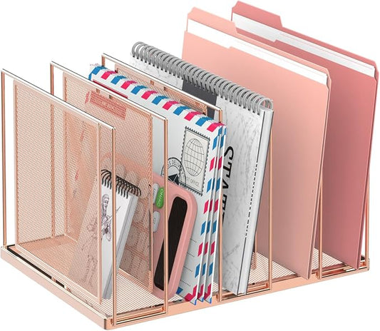 File Organizer for Desk, 5-Section Vertical File Sorter, Paper Holder Organizer Standing Metal File Folder for Office Home Classroom, Rose Gold
