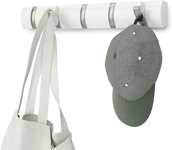 Umbra Flip Coat Rack, Wall Mounted 5-Hook Space Saving, White/Nickel | Real wood and steel build, retractable hooks fold flat, holds coats bags and scarves, easy install