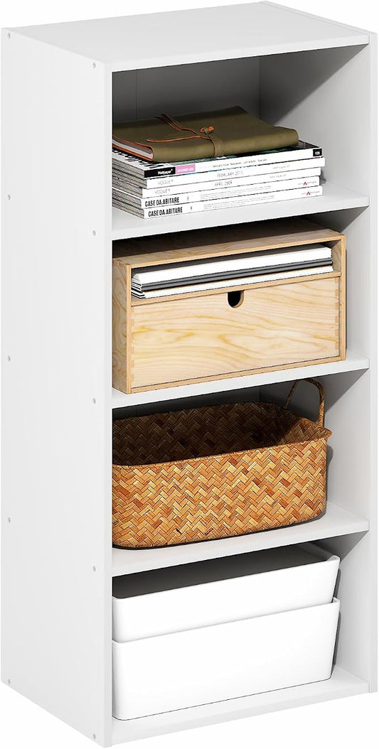 Furinno Basic Book Shelf, 4-Tier Bookcase with Open Shelf, Bookshelf, Cube Storage Organizer, 11 x 17 x 35, for Living Room, Bedroom, Home Office, White