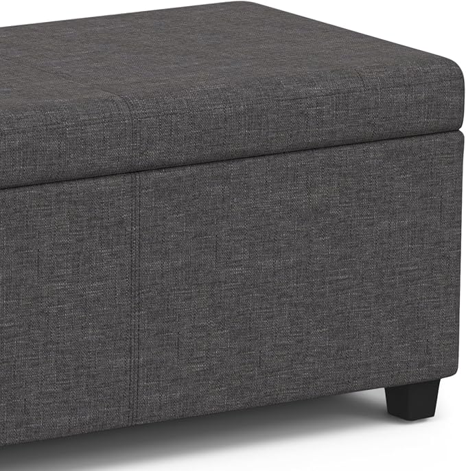 SIMPLIHOME Avalon 54" Wide Vegan Leather Storage Ottoman in Brown | Contemporary lift-top ottoman with high-density foam; rectangle storage bench or coffee table for living room or entryway.